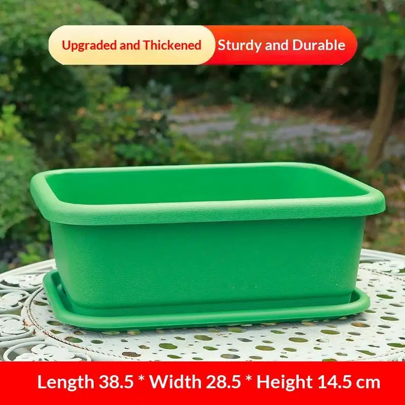 Green rectangular plastic planter with matching drainage tray for indoor balcony gardening