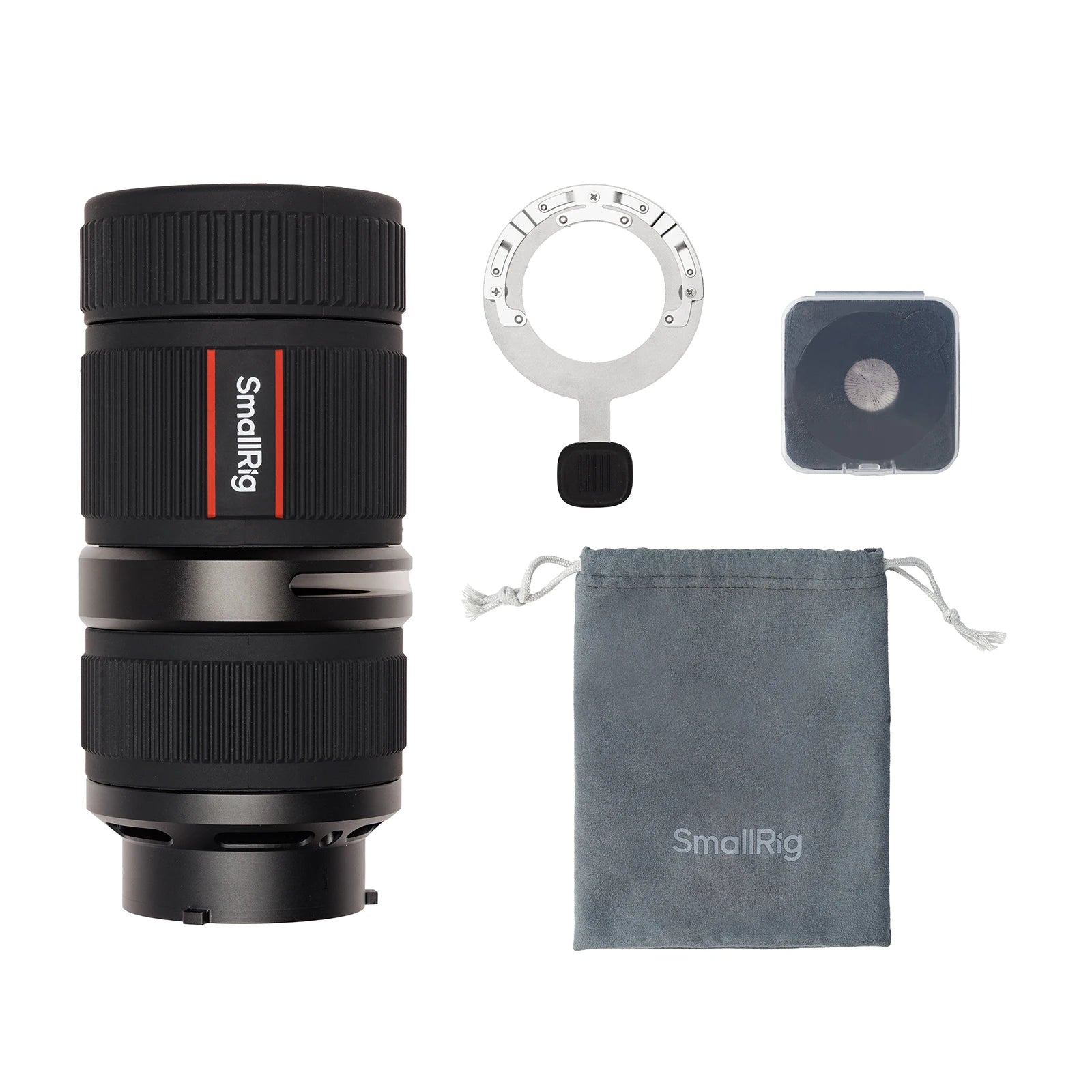 Black camera lens, metal mounting ring, lens filter in case, and grey drawstring storage pouch on a white background.