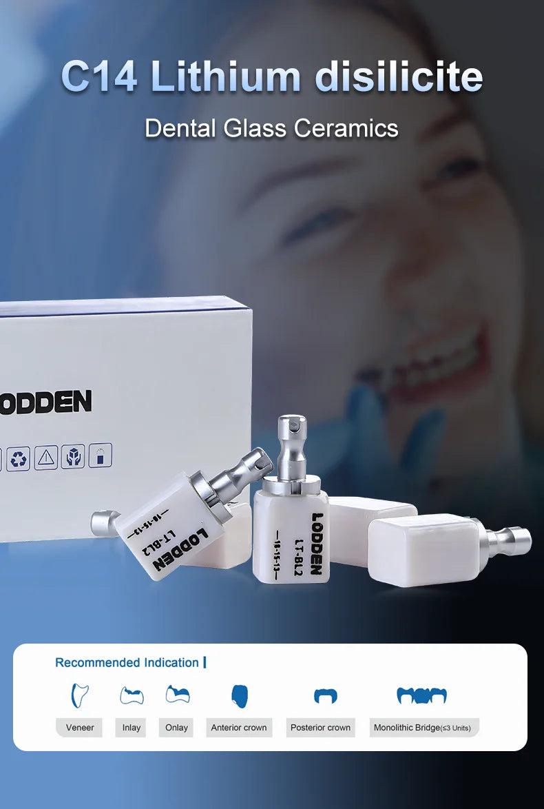 Lodden 10PCS Lithium Disilicate C14 Dental Glass Ceramic Blocks CAD CAM Sirona Cerec Block HT LT MT Lab Veneer Dentist Materials