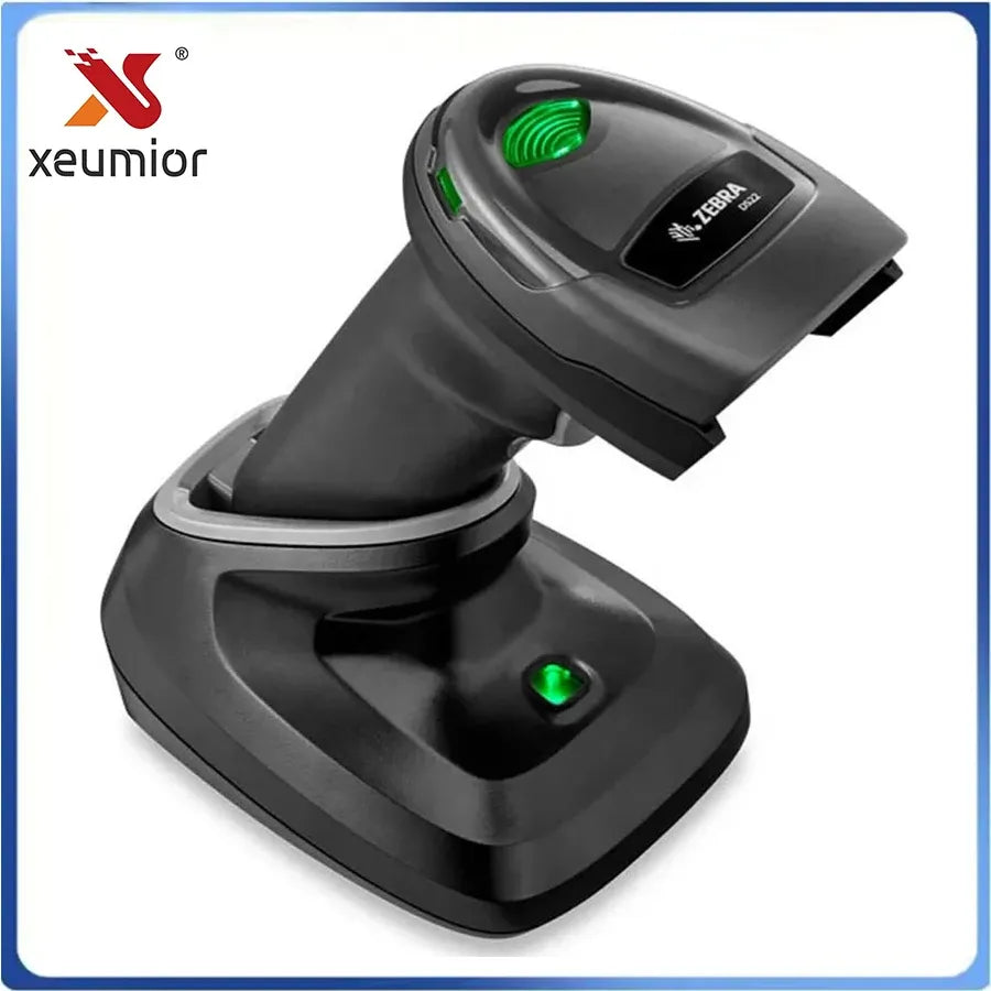 Black handheld 2D barcode scanner with green indicator lights and charging base