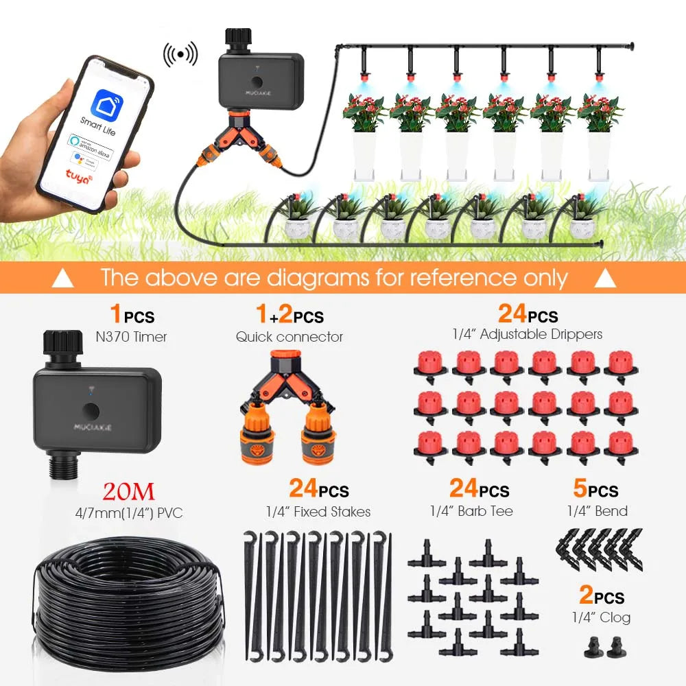 20m WiFi irrigation timer set diagram with controller, tubing, and sprinkler connectors