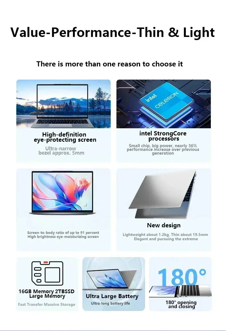 15.6 Inch Intel N3700 NEW Laptop 16GB RAM 2TB SSD Windows 11 Ultra Slim Notebook Gamer 1920x1080 Office Study PC Max Ultra Plus