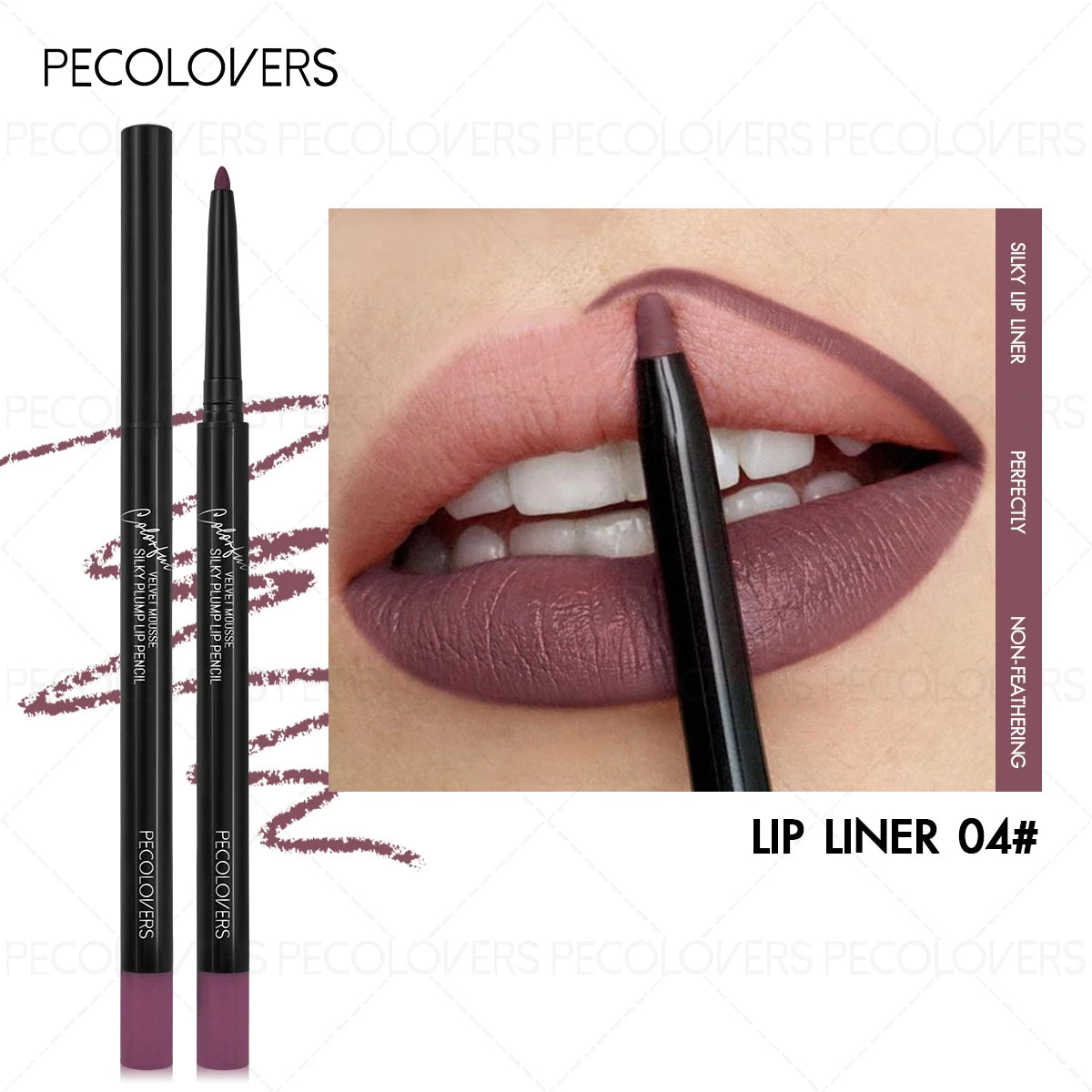 Waterproof matte lip liner pencil in shade 04, long-lasting velvet plum lip makeup for precise definition.