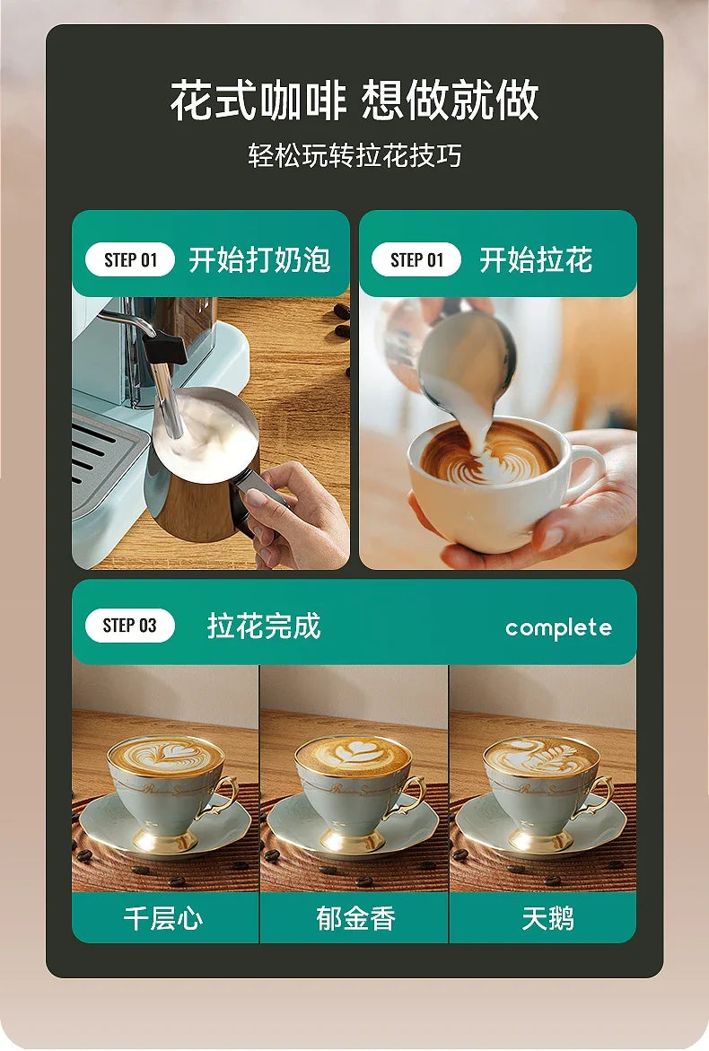 Light blue espresso machine frothing milk and creating latte art in elegant gold-rimmed ceramic cups.