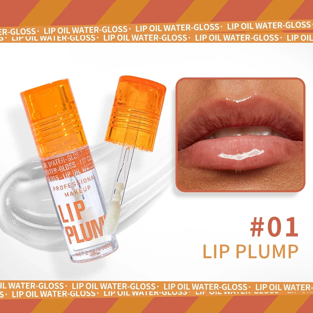 3-piece hydrating lip oil set with clear plumping gloss, applicator, and glossy, moisturized finish on lips.