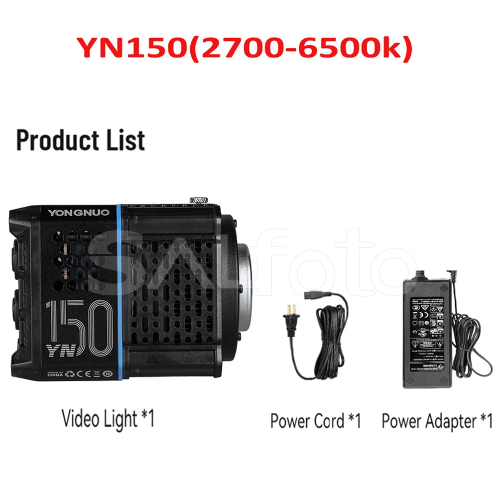 YN150 black LED video light, power cord, and adapter. Compact, rectangular light fixture for professional photography.