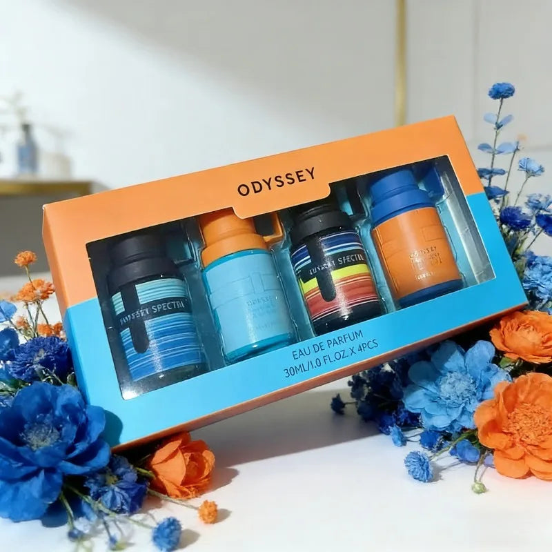 Armaf Odyssey 4x30ml EDP unisex gift set: luxury Arabic fragrance collection with mini colorful striped perfume bottles.