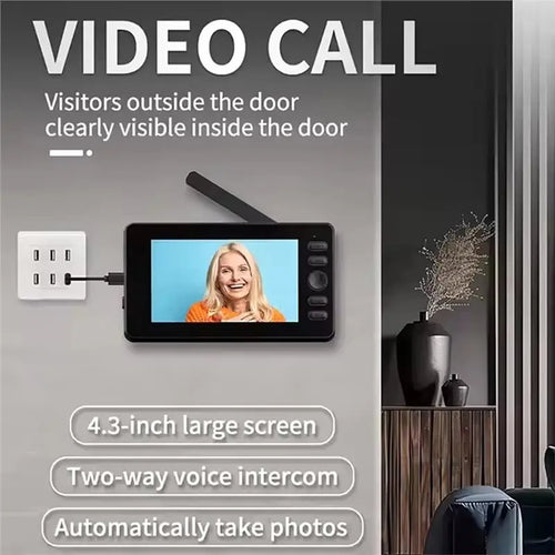 Wireless video doorbell monitor and black outdoor unit showing a visitor on-screen
