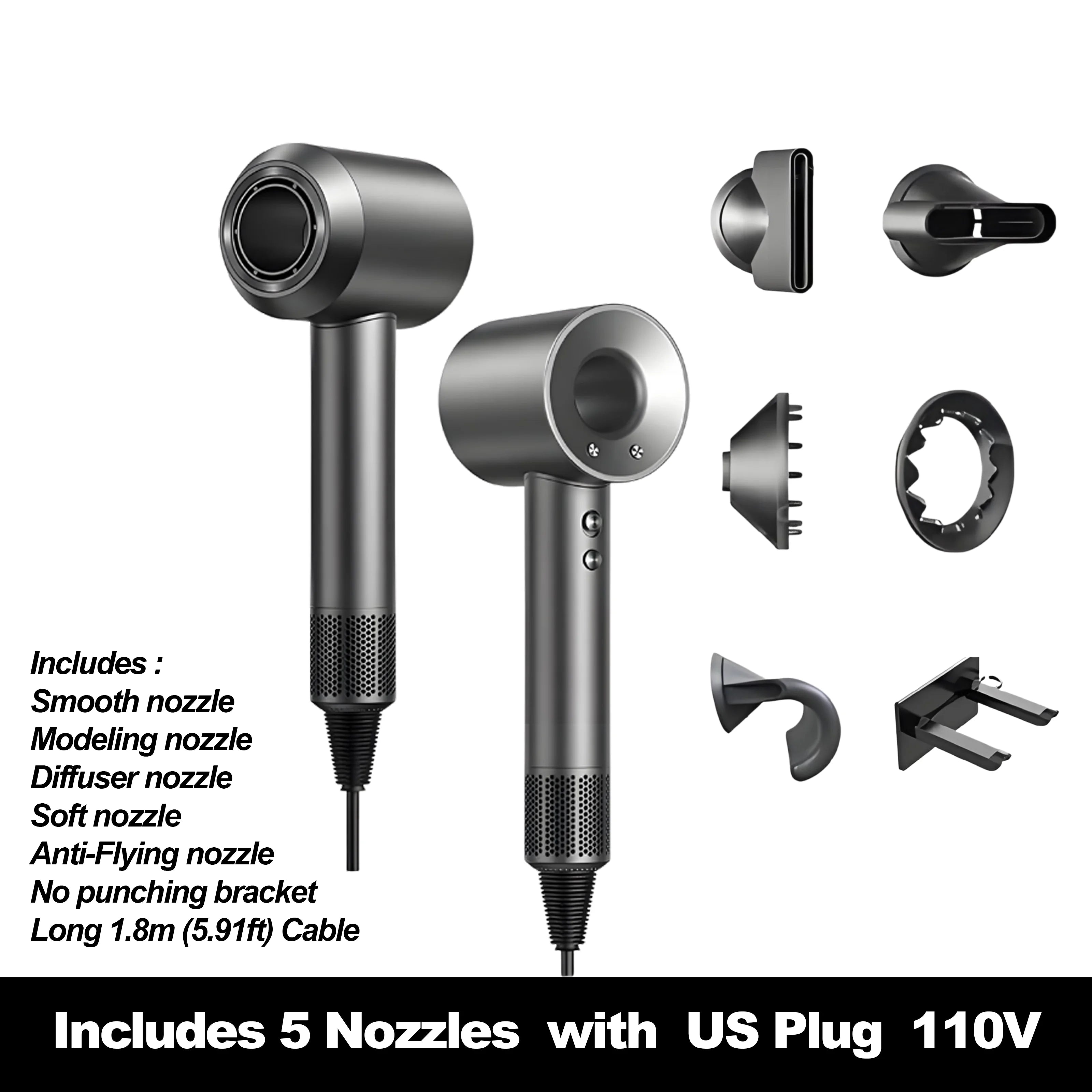 Grey high-speed hair dryer with 5 magnetic nozzles, diffuser, and wall bracket for professional salon-quality styling.