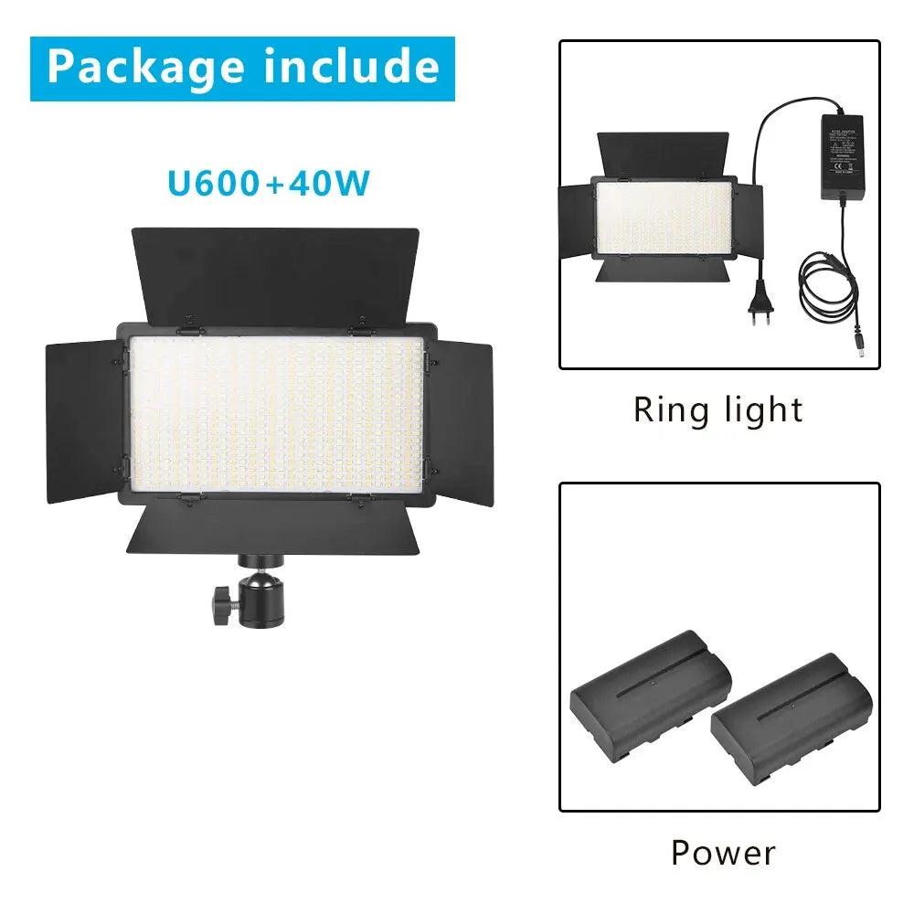 U600 40W LED panel light with barn doors, power adapter, and two rectangular batteries for photography lighting.
