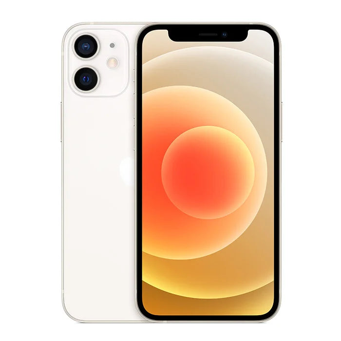 White iPhone 12, 6.1-inch display, dual-camera system, front and back view, unlocked 5G smartphone.