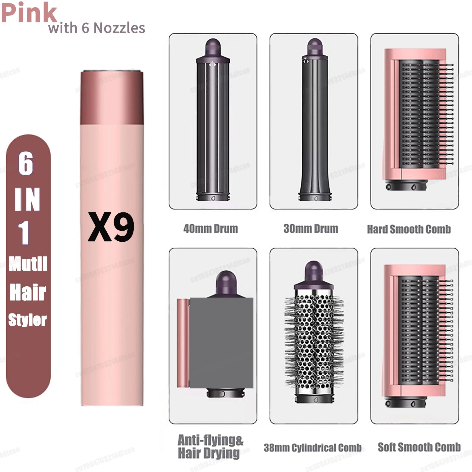 SenCiciMen 6-in-1 pink auto hair styler with curling barrels, hot air brush, and comb attachments for salon styling.