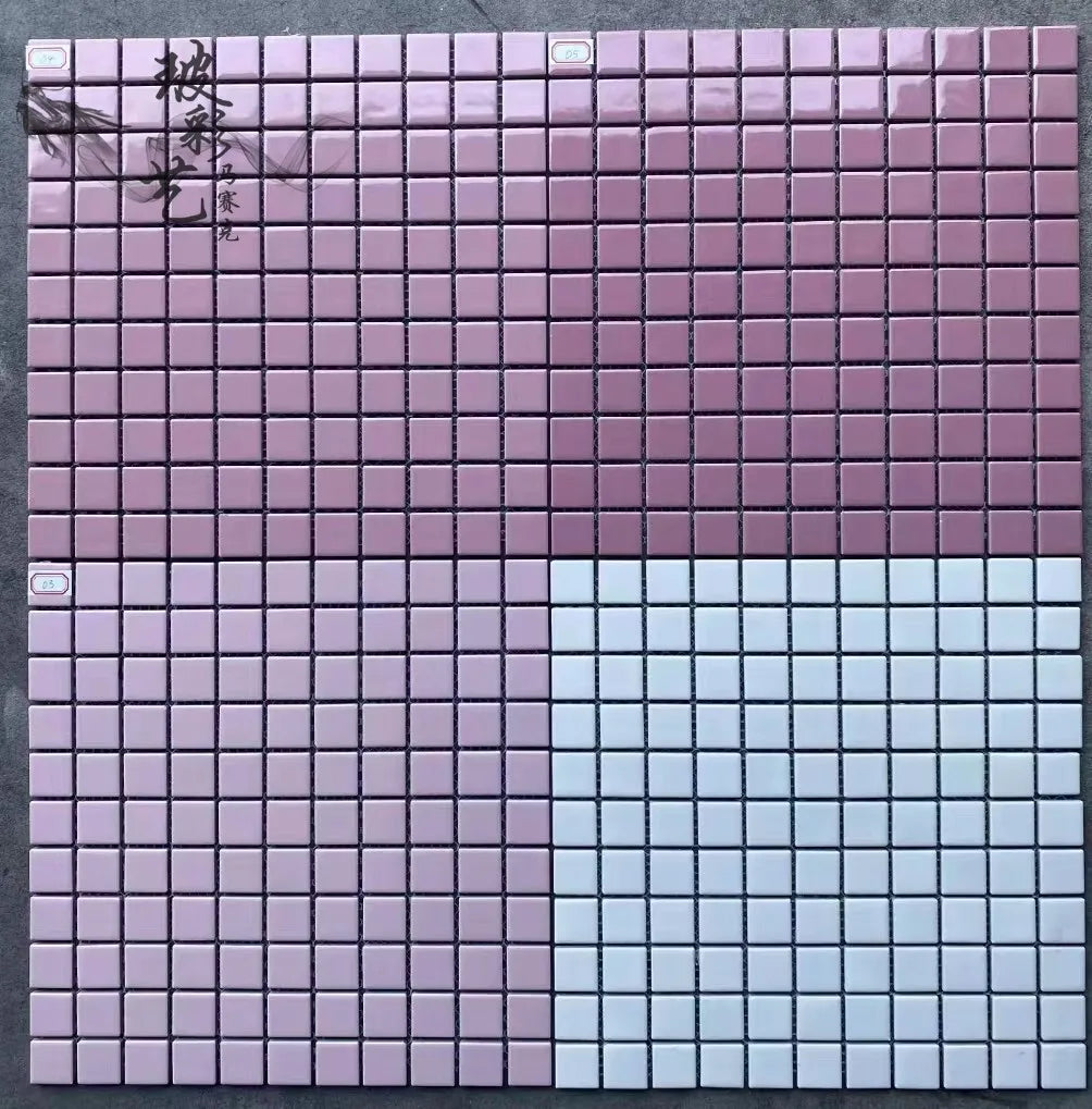 Ceramic mosaic tile sheet with purple upper tiles and light blue lower tiles