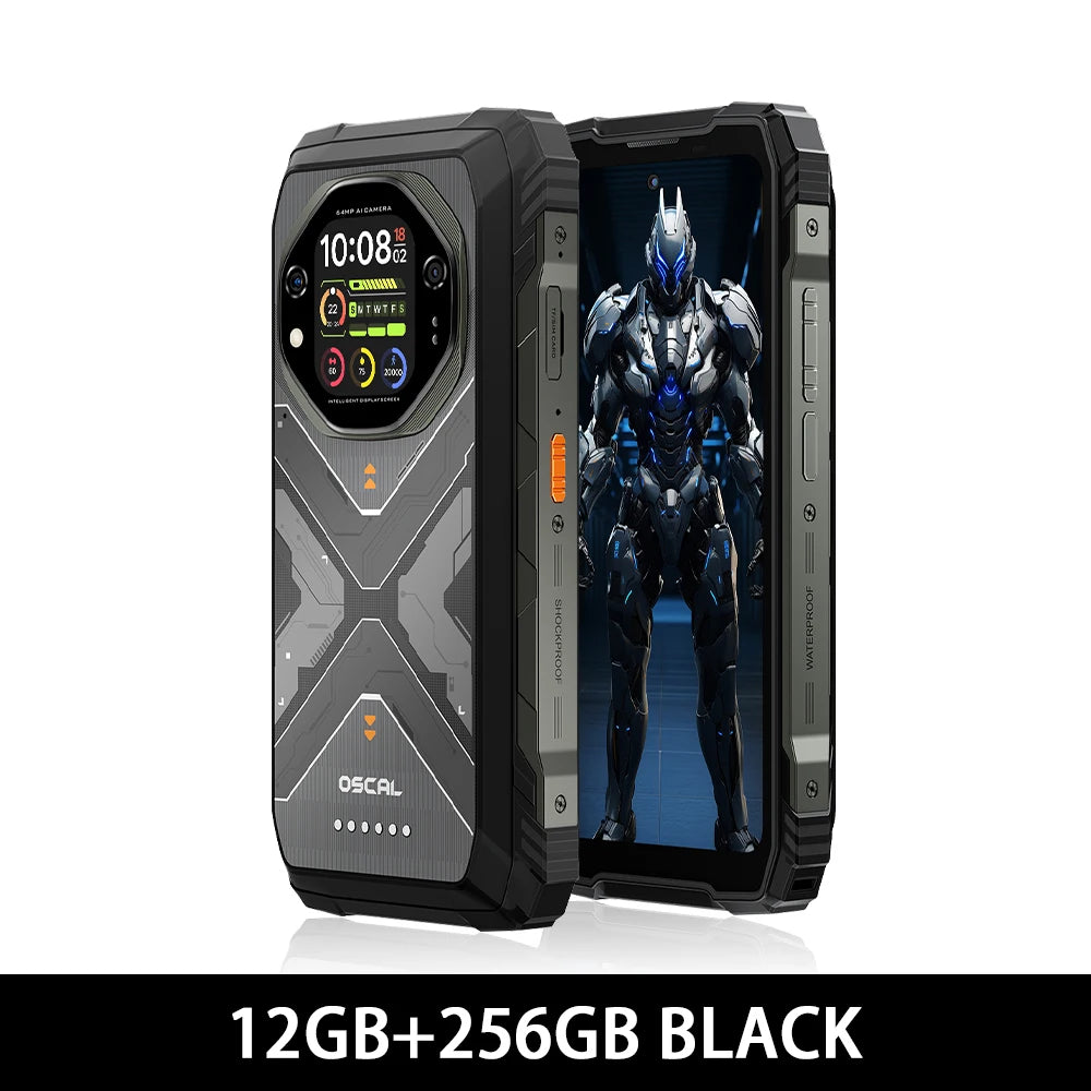 Blackview Oscal Tank rugged smartphone in black, showing front display and rear intelligent screen, dual-view angle.