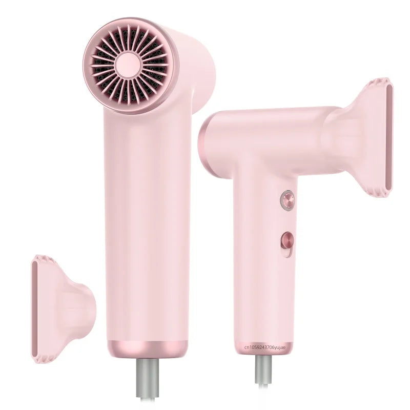 Pink 2025 mini high-speed hair dryer with nozzle attachment, brushless motor, and portable ergonomic design.