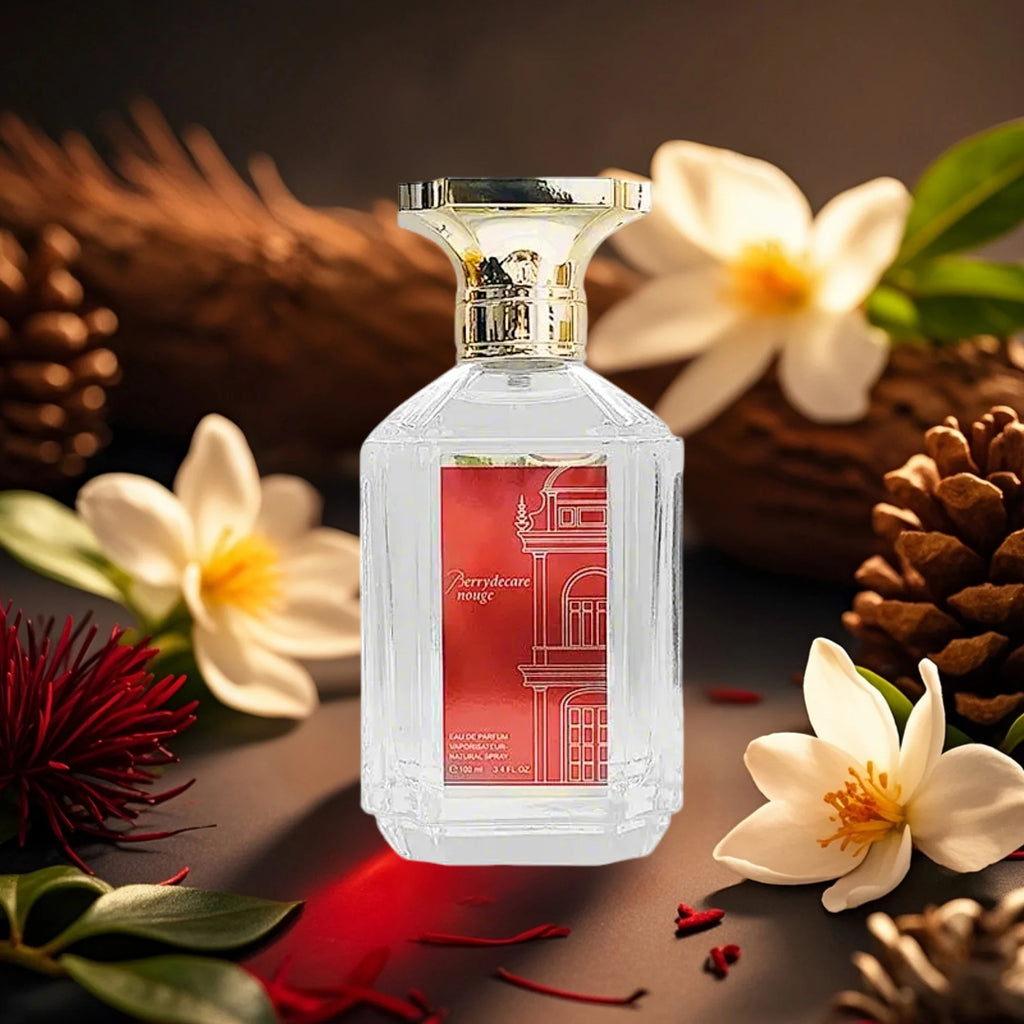 Berrydecare Rouge 100ml EDP: Oriental woody saffron perfume for women in a square crystal glass spray bottle.