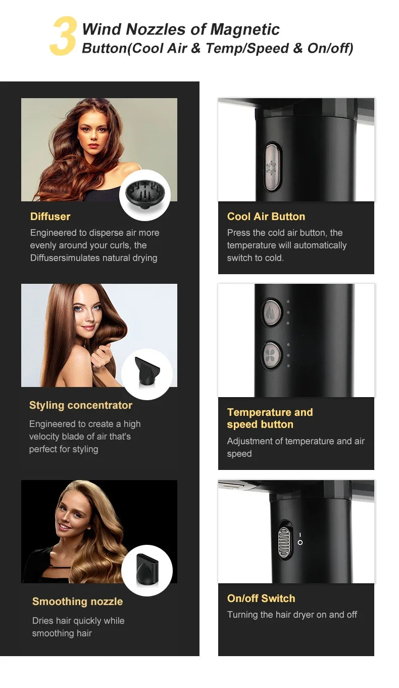 VGR V-427 professional hair dryer with magnetic attachments, 110k RPM brushless motor, and speed/heat control buttons.