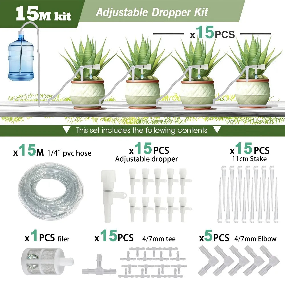 Garden drip irrigation adjustable dropper kit contents diagram, 15M kit