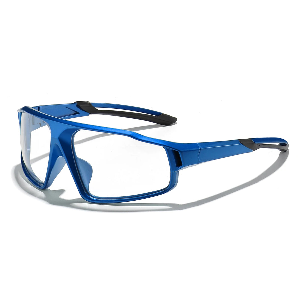 Blue sports photochromic eyeglasses with clear lenses and black accents