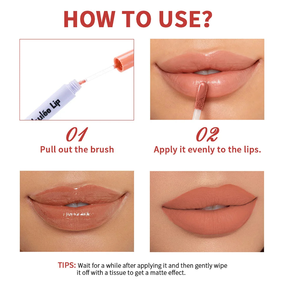 Kulfée 2-in-1 hydrating lip oil and matte stain. Glossy to matte transition peach-toned lip makeup application guide.
