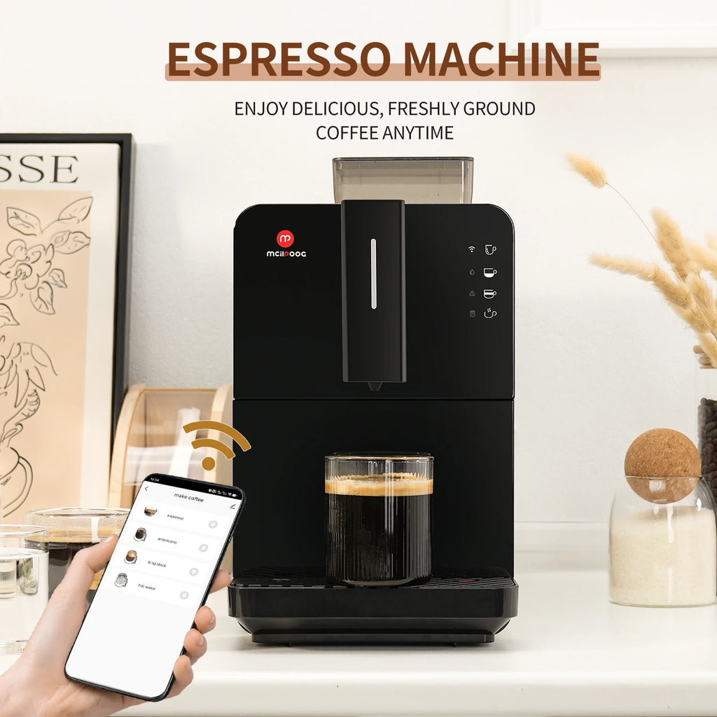 Mcilpoog smart black espresso machine with app control brewing a fresh cup of coffee on a kitchen counter.