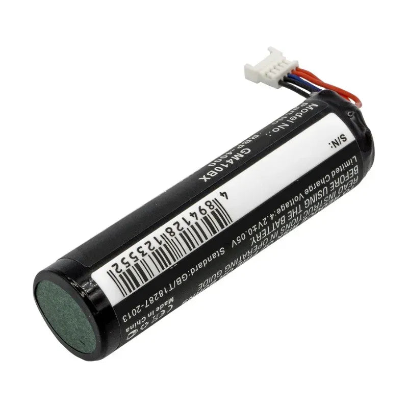 Barcode scanner battery pack end view, black lithium-ion cylinder with barcode label