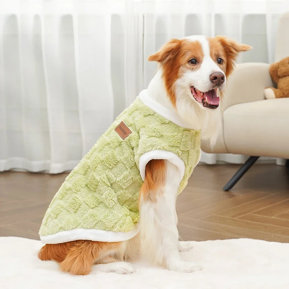 Dog in a warm, soft green fleece winter sweater vest, ideal cozy clothing for large and small dogs in cold weather.