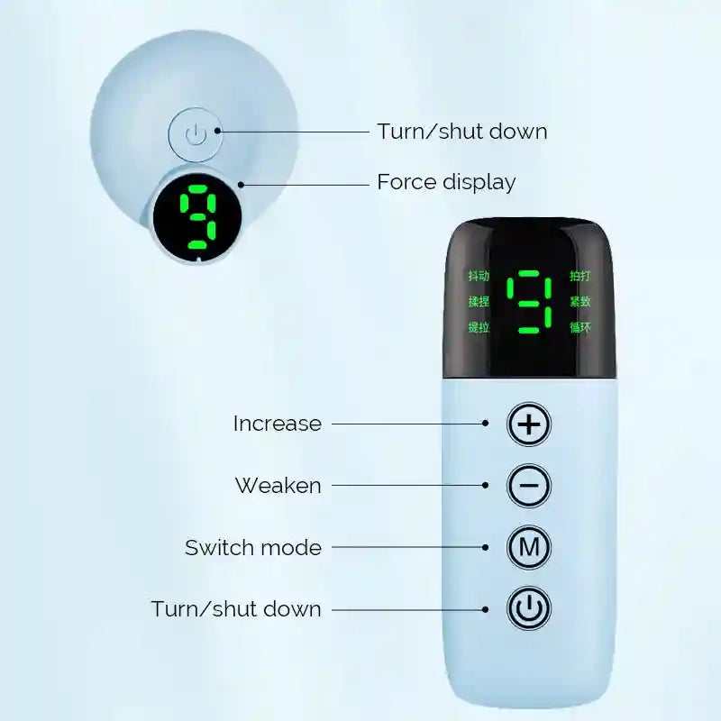 Light blue facial EMS slimming controller with digital display and buttons labeled for intensity and mode settings.