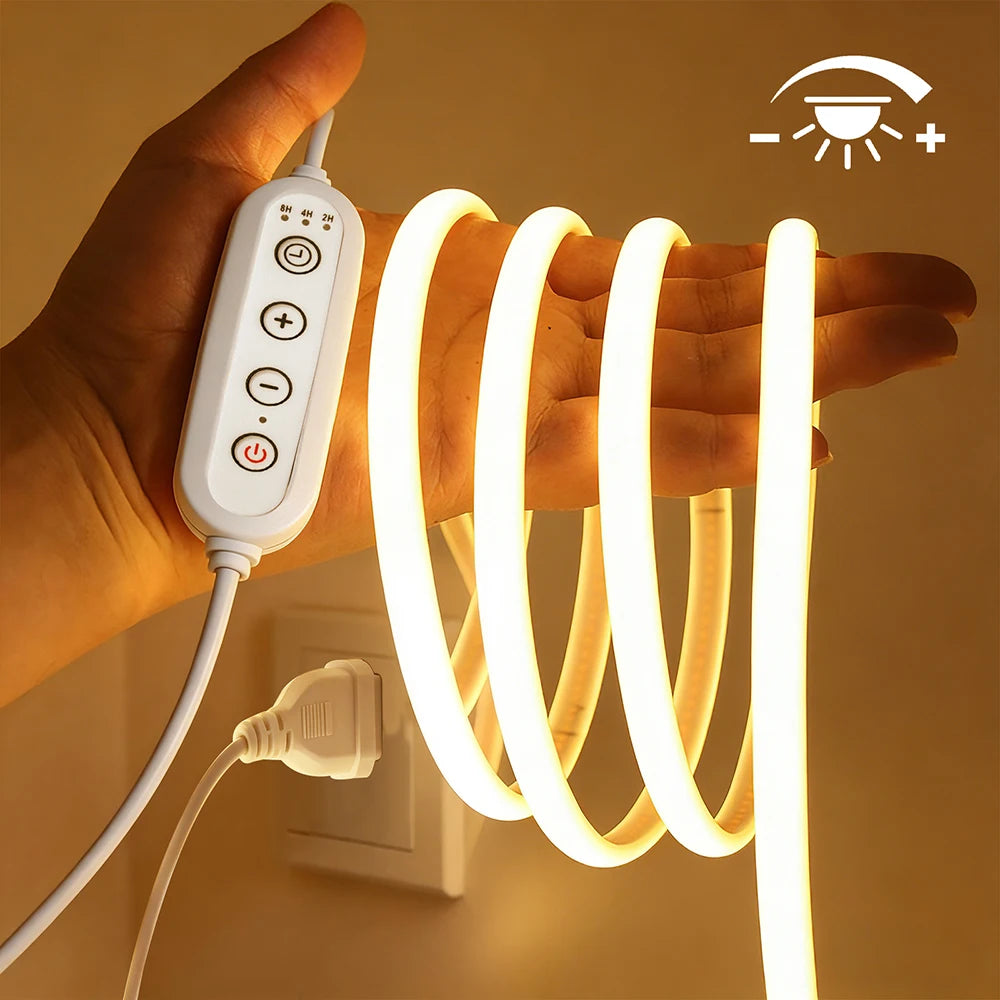 Dimmable 220V COB LED Neon Strip Light 4key Controller EU Plug Flex Tube 3000K 4000K 6000K for Staircase Bar Counter Lighting