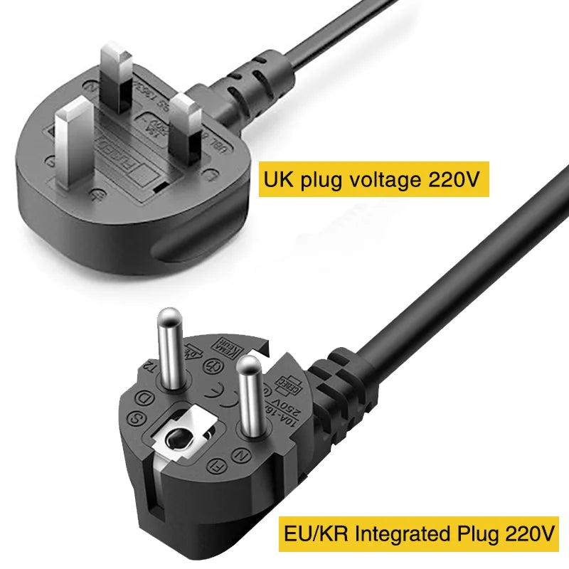 7-in-1 high-speed ionic hair dryer power cords with UK and EU/KR 220V plugs for international travel use.
