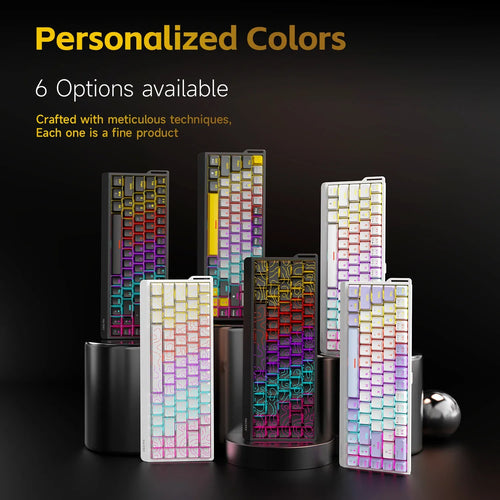 Six AJAZZ NK68V2 68-key mechanical keyboards in various colors and designs, featuring vibrant RGB backlit keys.