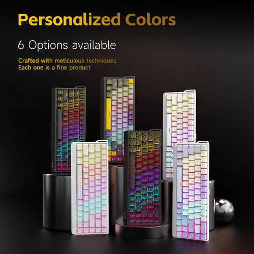 Six AJAZZ NK68V2 68-key mechanical gaming keyboards in various colors with vibrant RGB lighting on cylindrical pedestals.