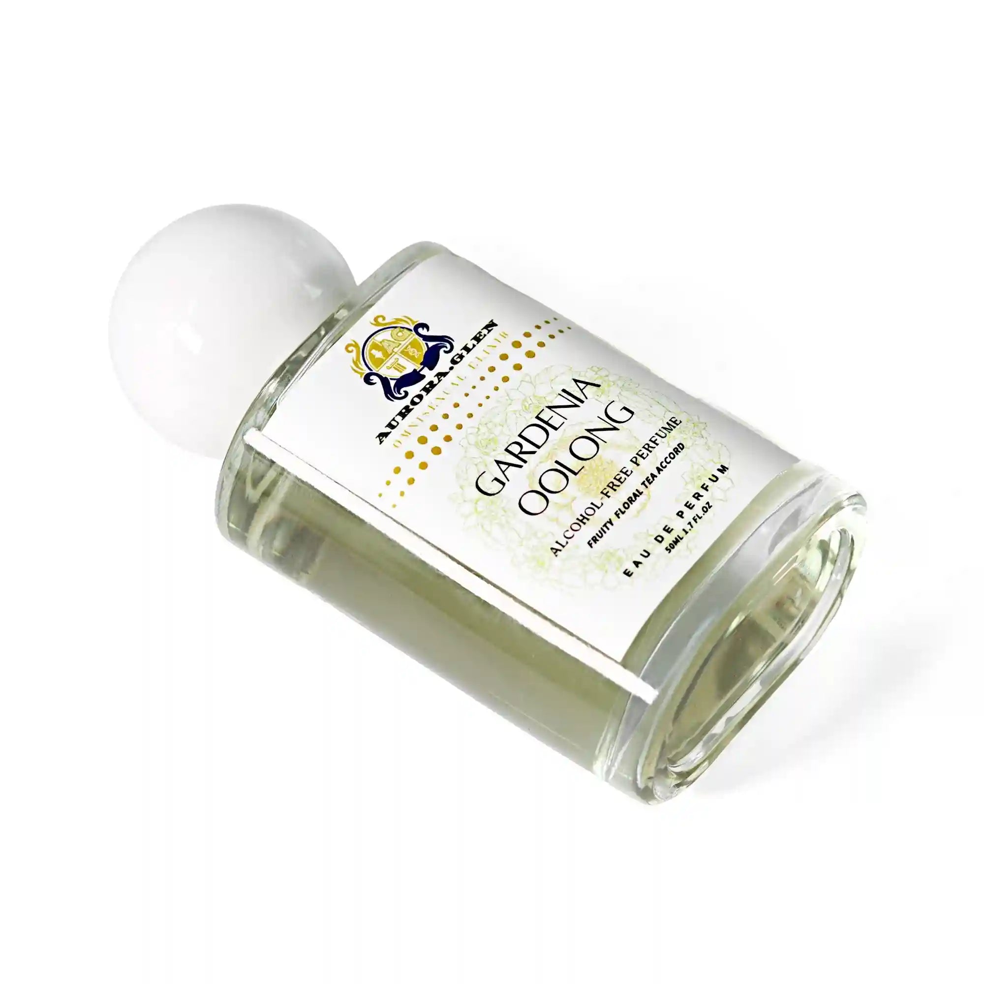 Aurora-Glen Gardenia Oolong Eau de Parfum in a cylindrical glass bottle with white cap. Floral tea essential oil.