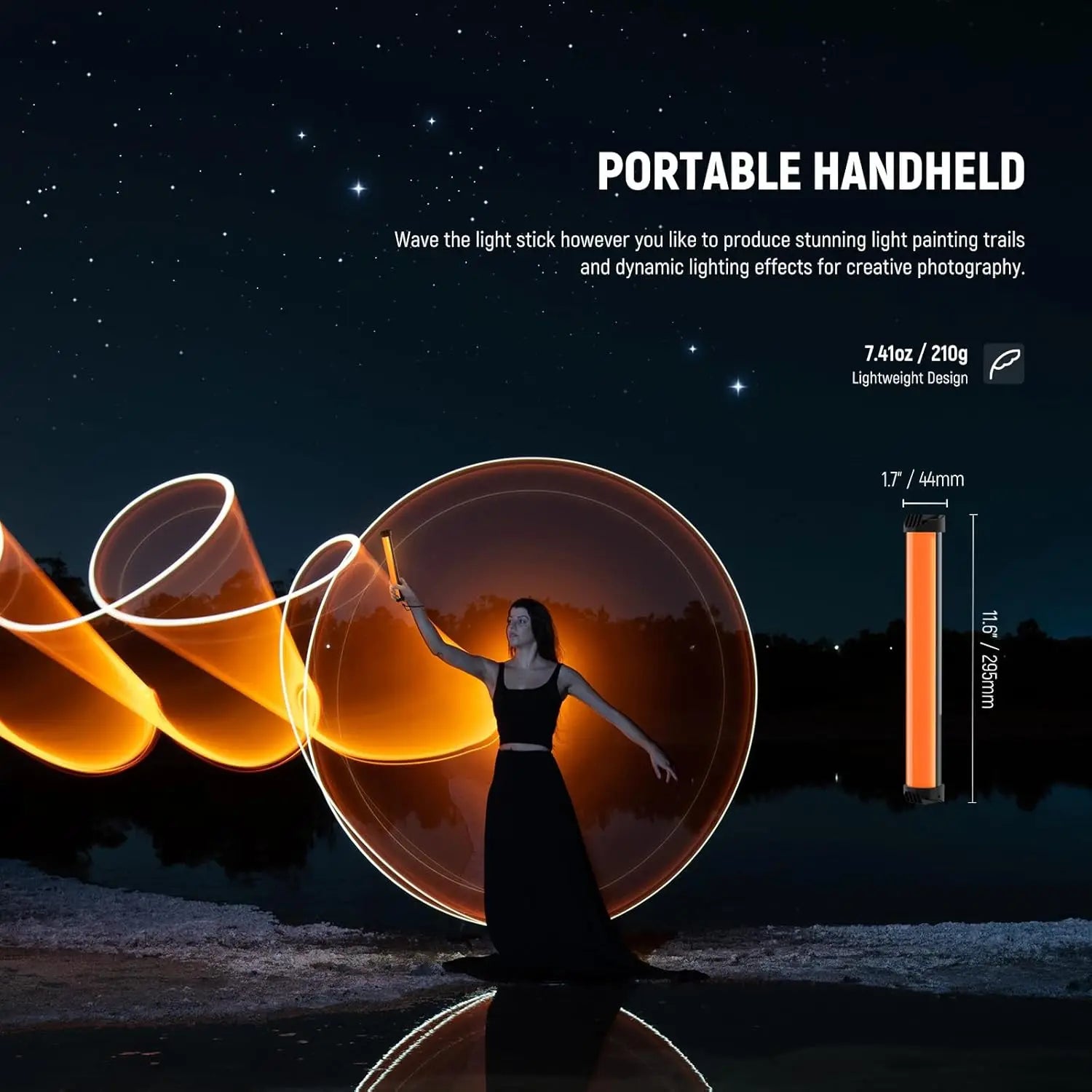 Portable LED light stick for photography. A 11.6-inch orange tube used to create light painting trails in the dark.