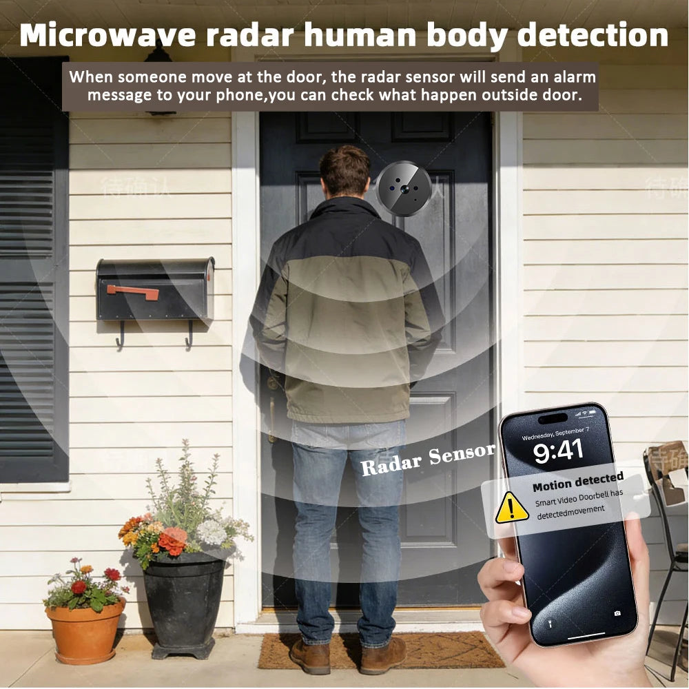 Tuya Smart 3MP Outdoor Wireless Radar Detection Door Peephole Video Eye Camera 2.4G WiFi Night Vision Home Security Door Camera