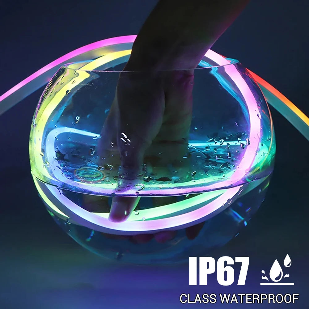 Curved RGB LED neon rope light glowing on a tabletop, IP67 waterproof