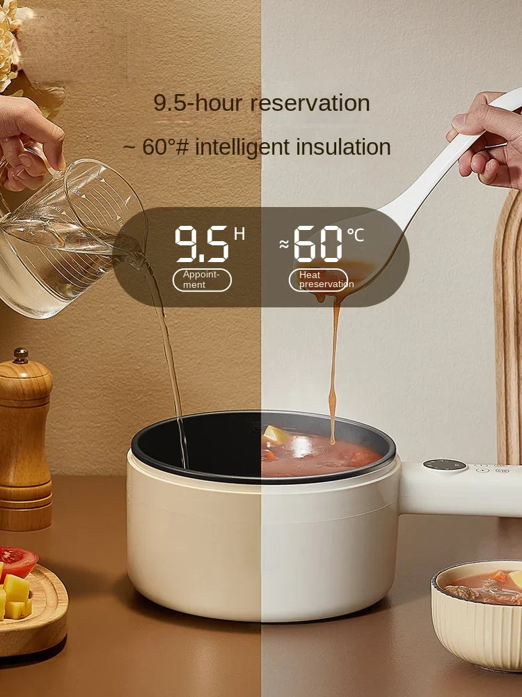 White electric cooking pot with digital display, pouring hot liquid into cooking basin
