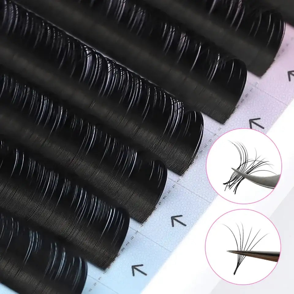 Black Russian volume eyelash extension strips on a gridded tray with two close-up circular inserts of lash fans.
