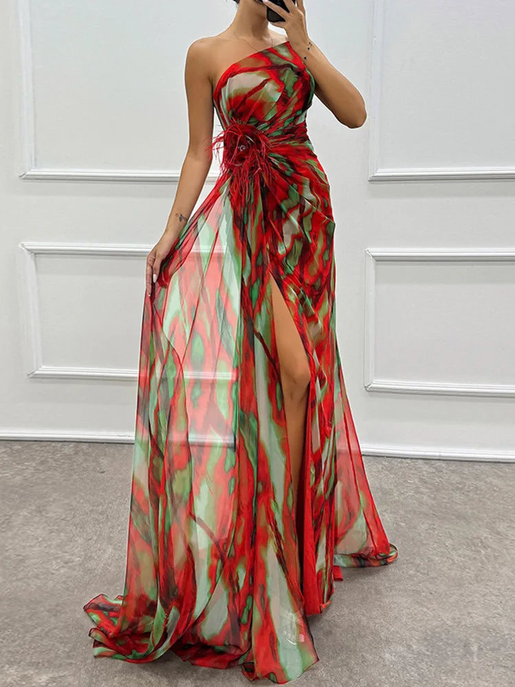 Printed Skew Collar Simple Party Dress, Women Summer Patchwork Sleeveless Elegant Maxi Dress, 2024 Backless Fashion Ladies Dress