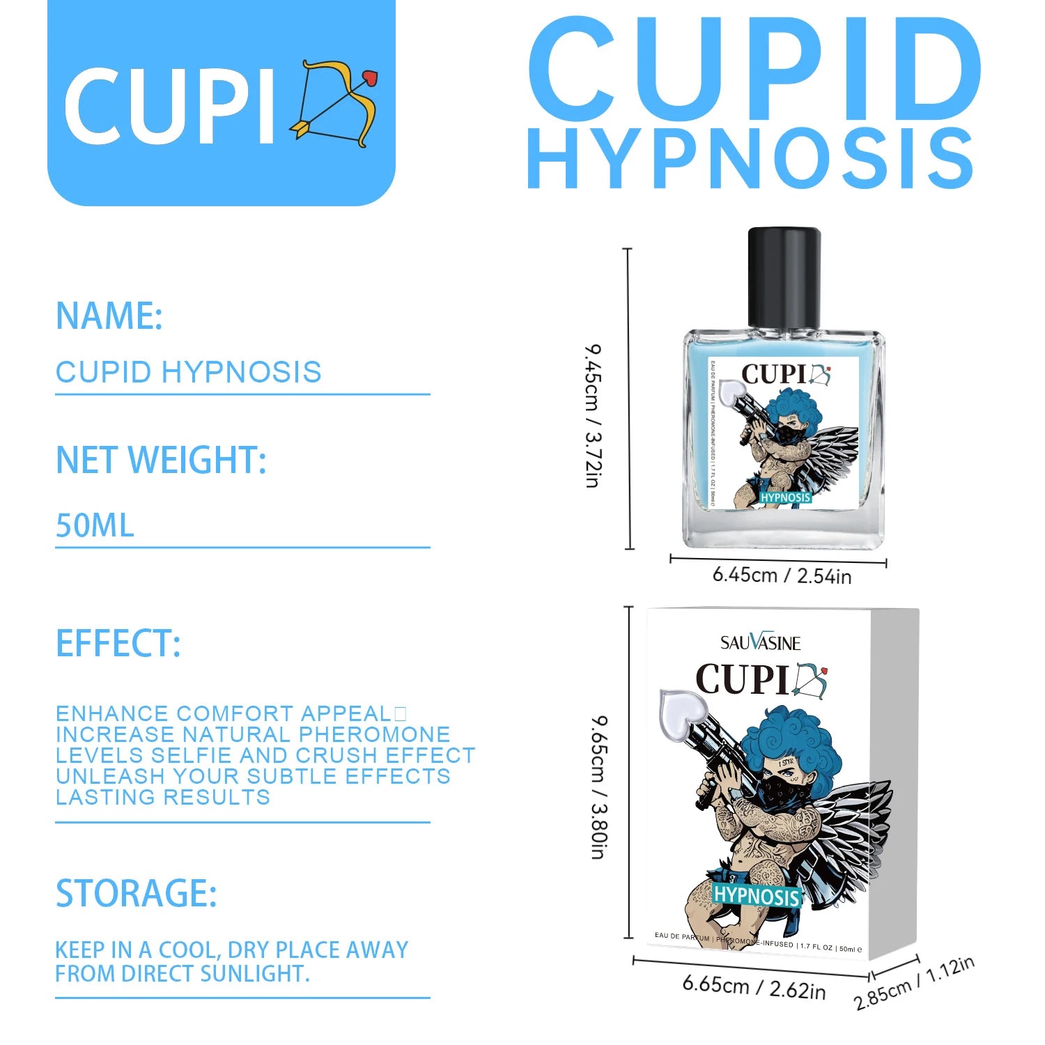 Cupid Hypnosis 2.0 Pheromone Cologne for Men: 50ml EDP spray bottle in square glass with Cupid graphic box design.