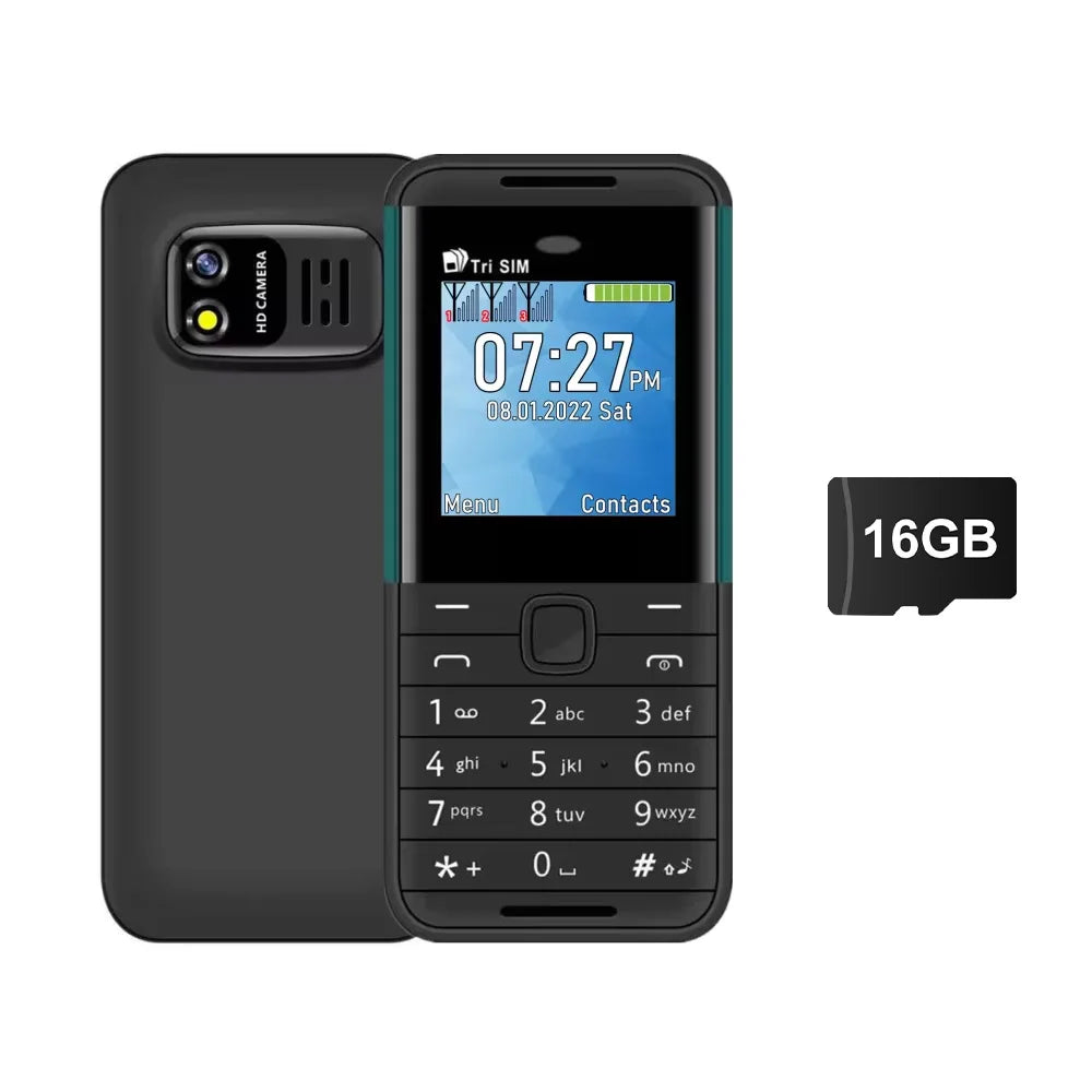 Mini triple-SIM feature phone, black with 16GB storage shown