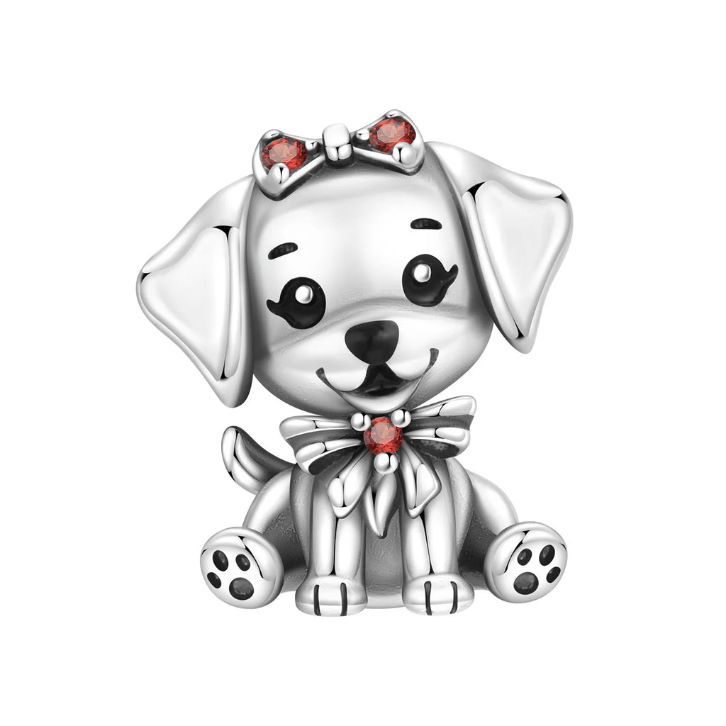 Cute 925 sterling silver dog charm with red stone bows for bracelets. A perfect trendy gift for dog lovers.