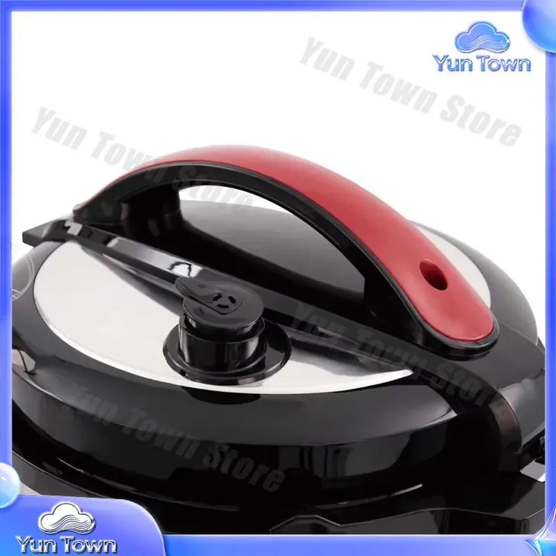 Red and black pressure cooker lid with handle and steam vent knob