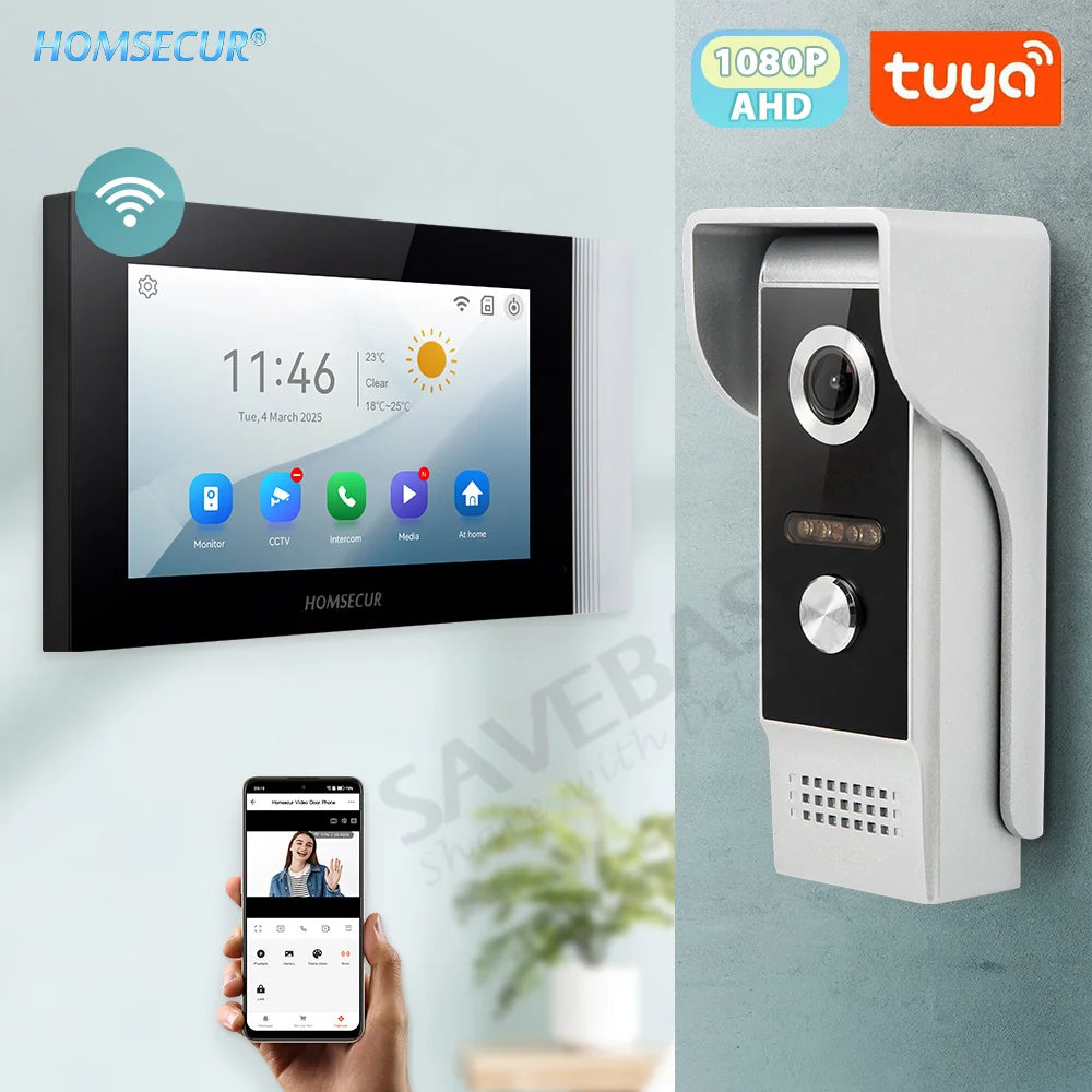 HOMSECUR 7” WIFI Tuya APP 4 Wire Video Door Phone Intercom System 1 Doorbell Camera 1 Indoor Monitor