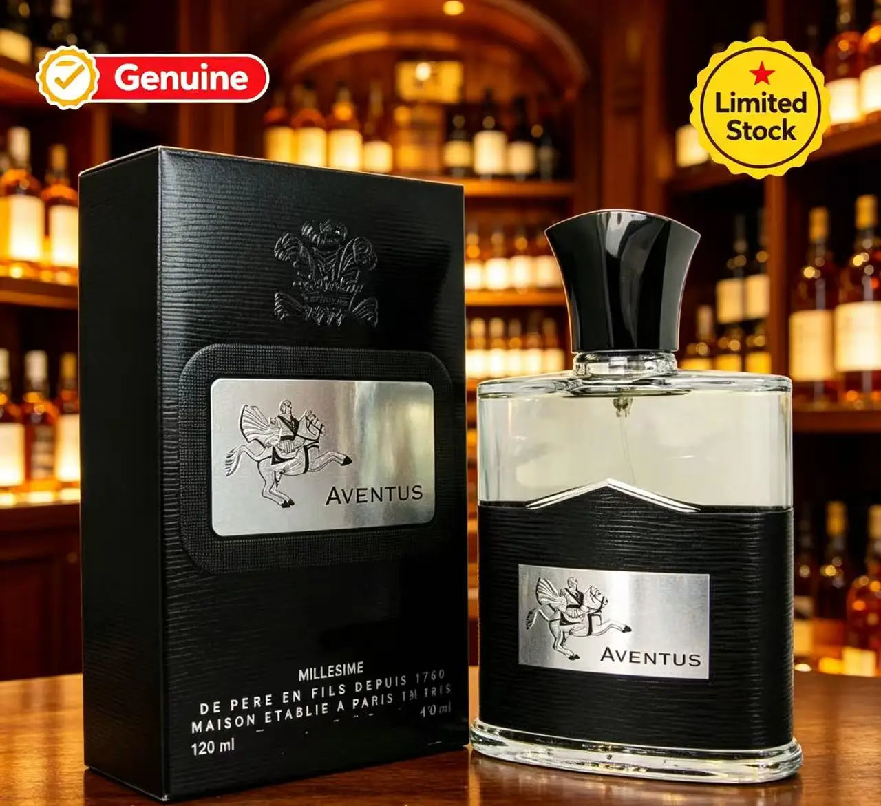 Creed Aventus 120ml EDP for men. Luxury cologne in iconic black glass bottle with silver emblem. Long-lasting scent.