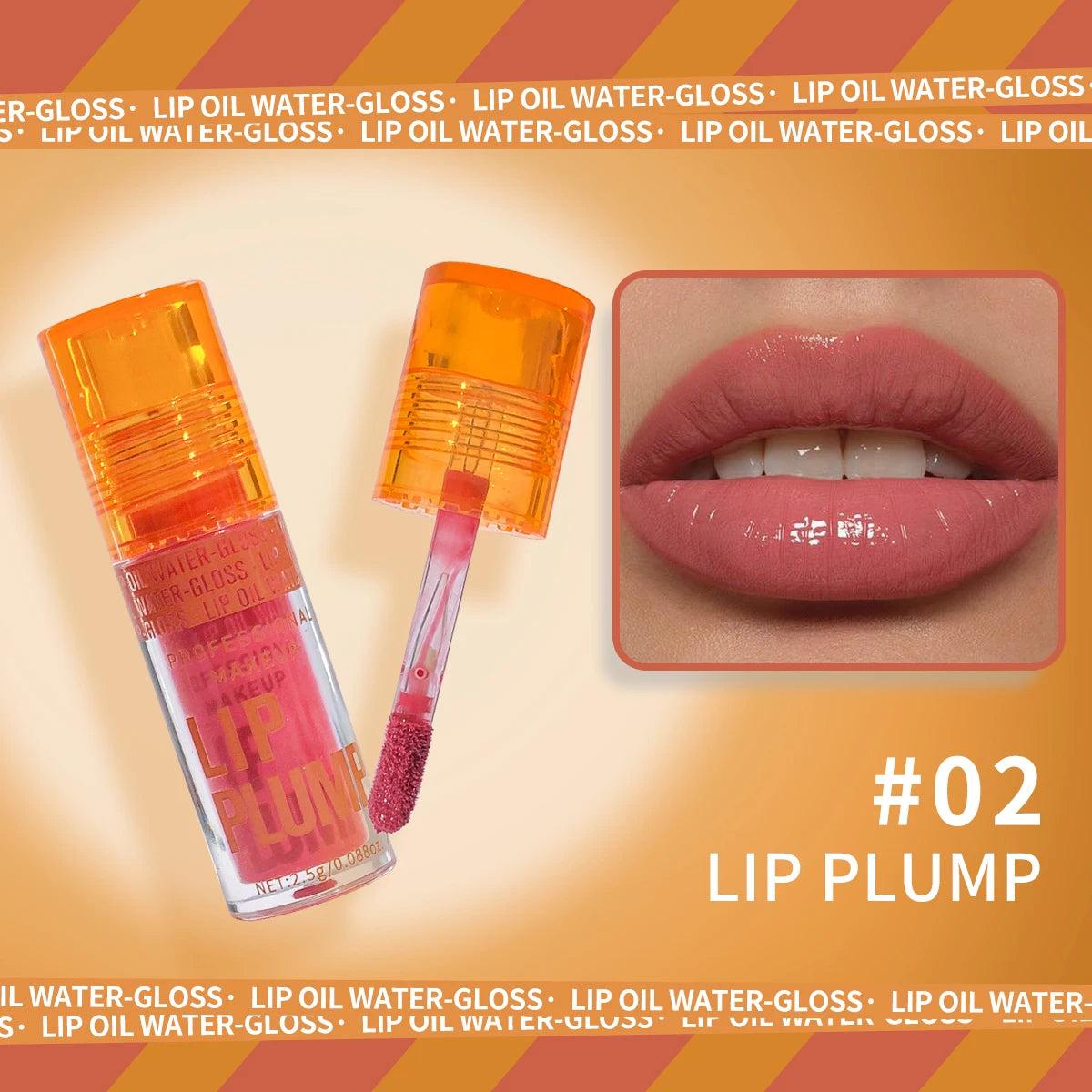 Pink lip oil plumping gloss with applicator, showing high-shine moisturizing texture on model lips. #02 shade.