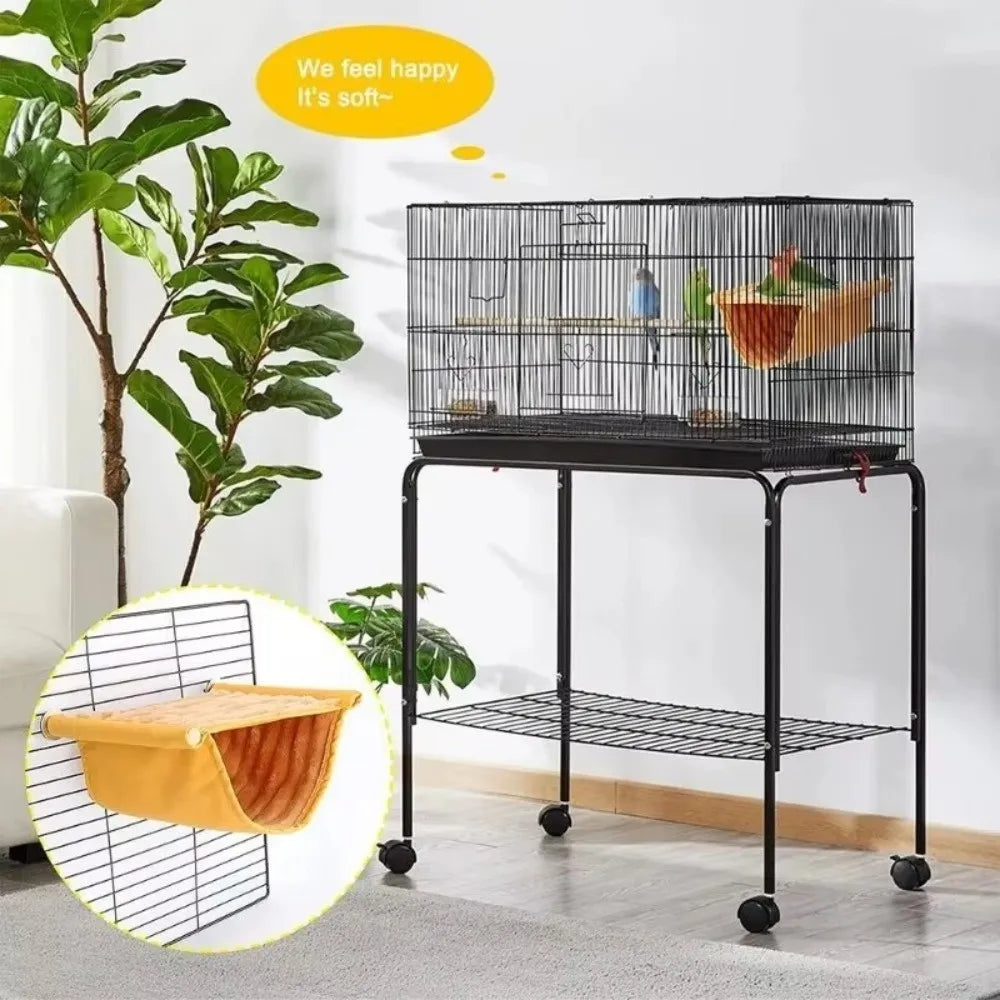 Yellow and grey fleece bird hammock, a washable, hanging parrot nest for cozy, warm comfort in small bird cages.