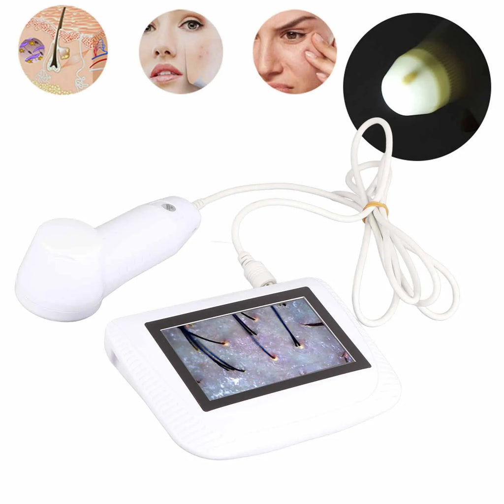 50X/200X digital skin and hair follicle analyzer with handheld probe and display screen for scalp and facial skin care.