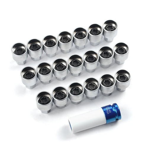 21-piece wheel lock nut socket set, chrome sockets with star-drive ends