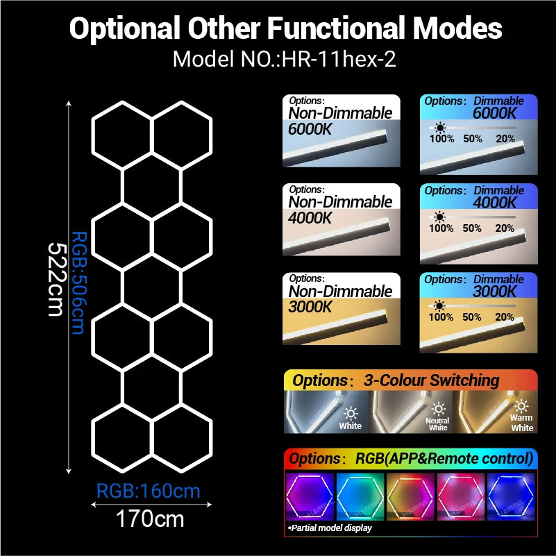 Hexagon honeycomb LED ceiling light model HR-11hex-2, RGB mode in vertical hex stack